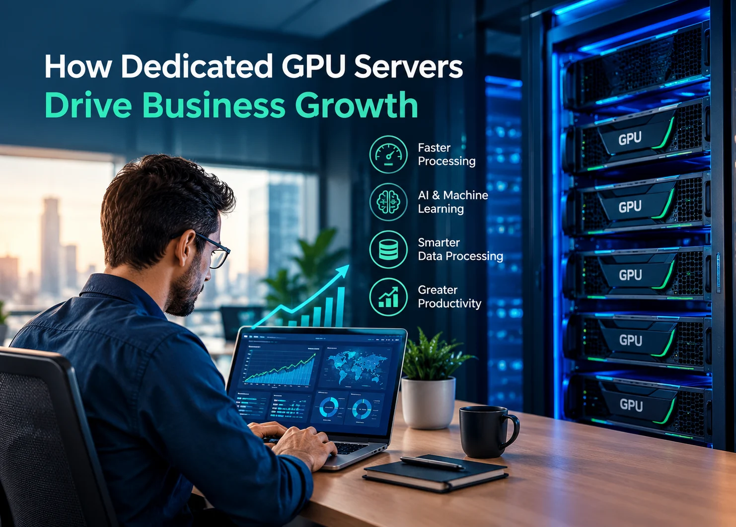 Dedicated GPU servers powering modern business operations, with a professional working on a laptop beside advanced GPU server racks, representing faster processing, artificial intelligence, machine learning, data analysis, improved productivity, centralized computing infrastructure, and scalable business growth.